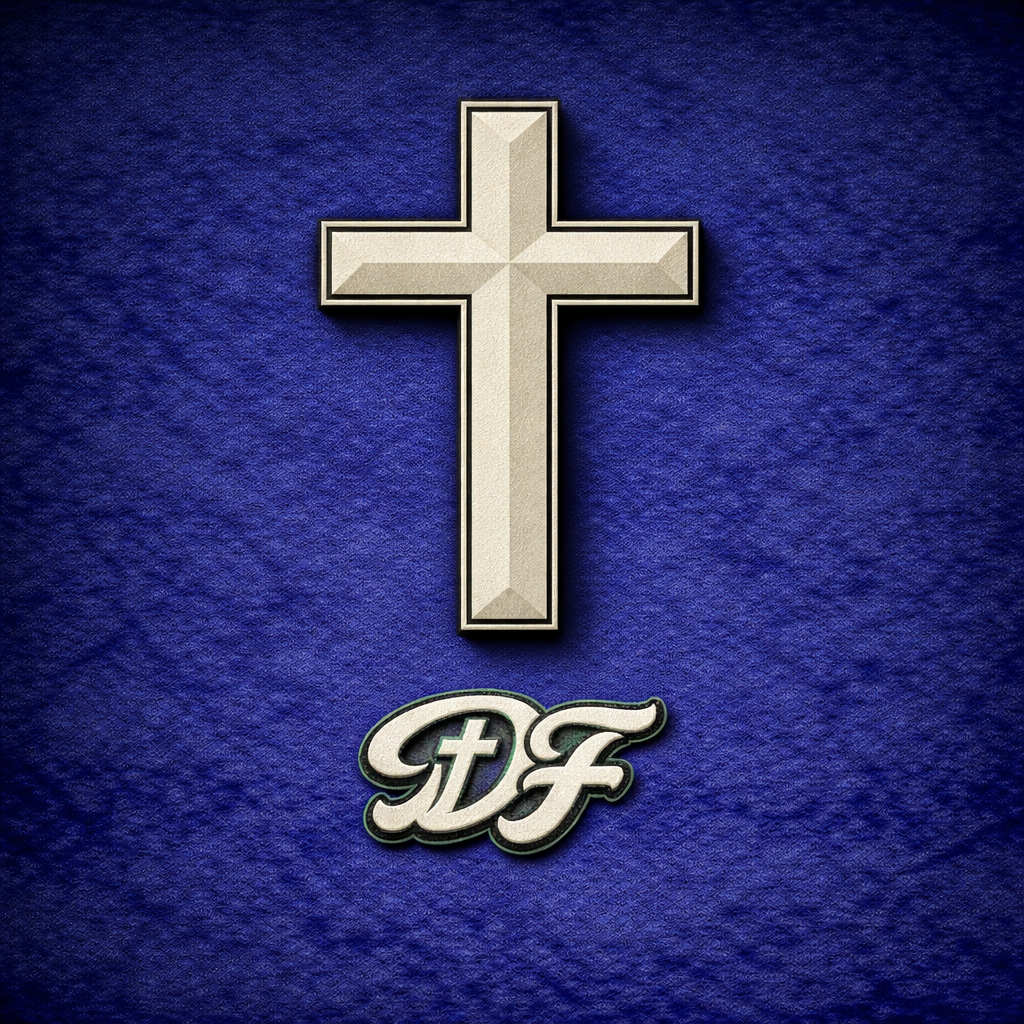 A silver cross with a dark outline and a textured surface, positioned above stylized initials 'D F' on a textured blue background.