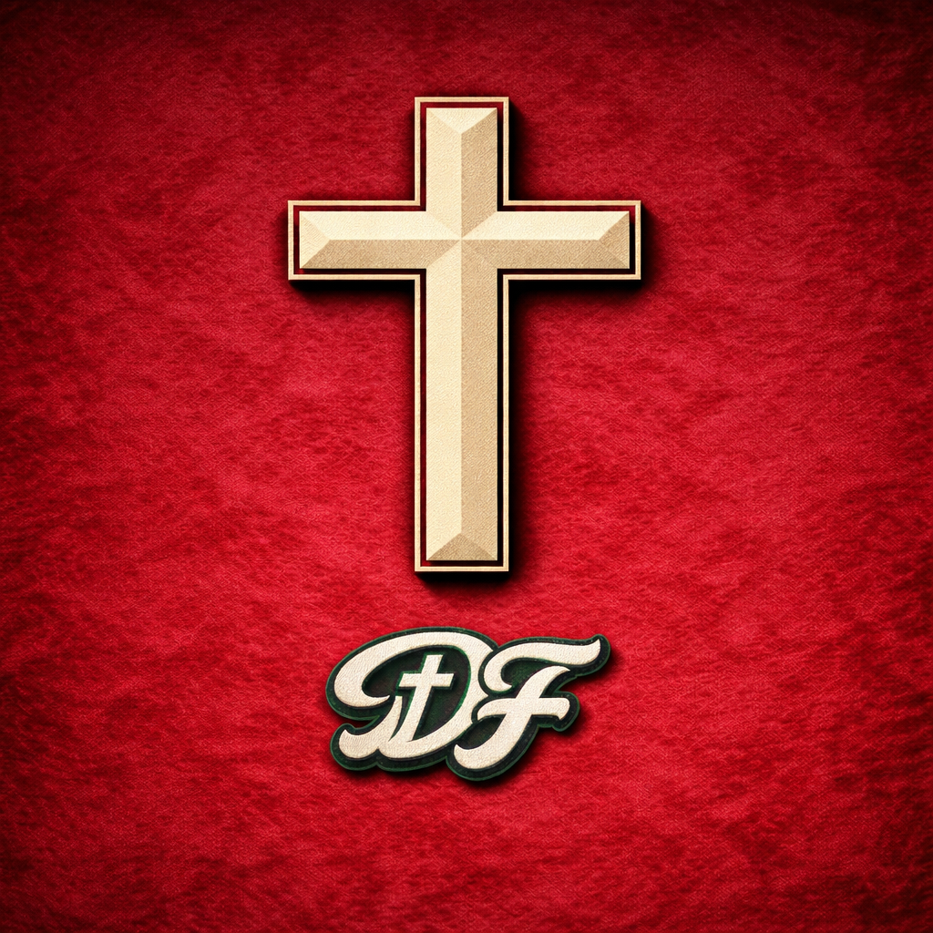 A beige cross with a three-dimensional appearance on a red textured background, with stylized initials "D F" below it.