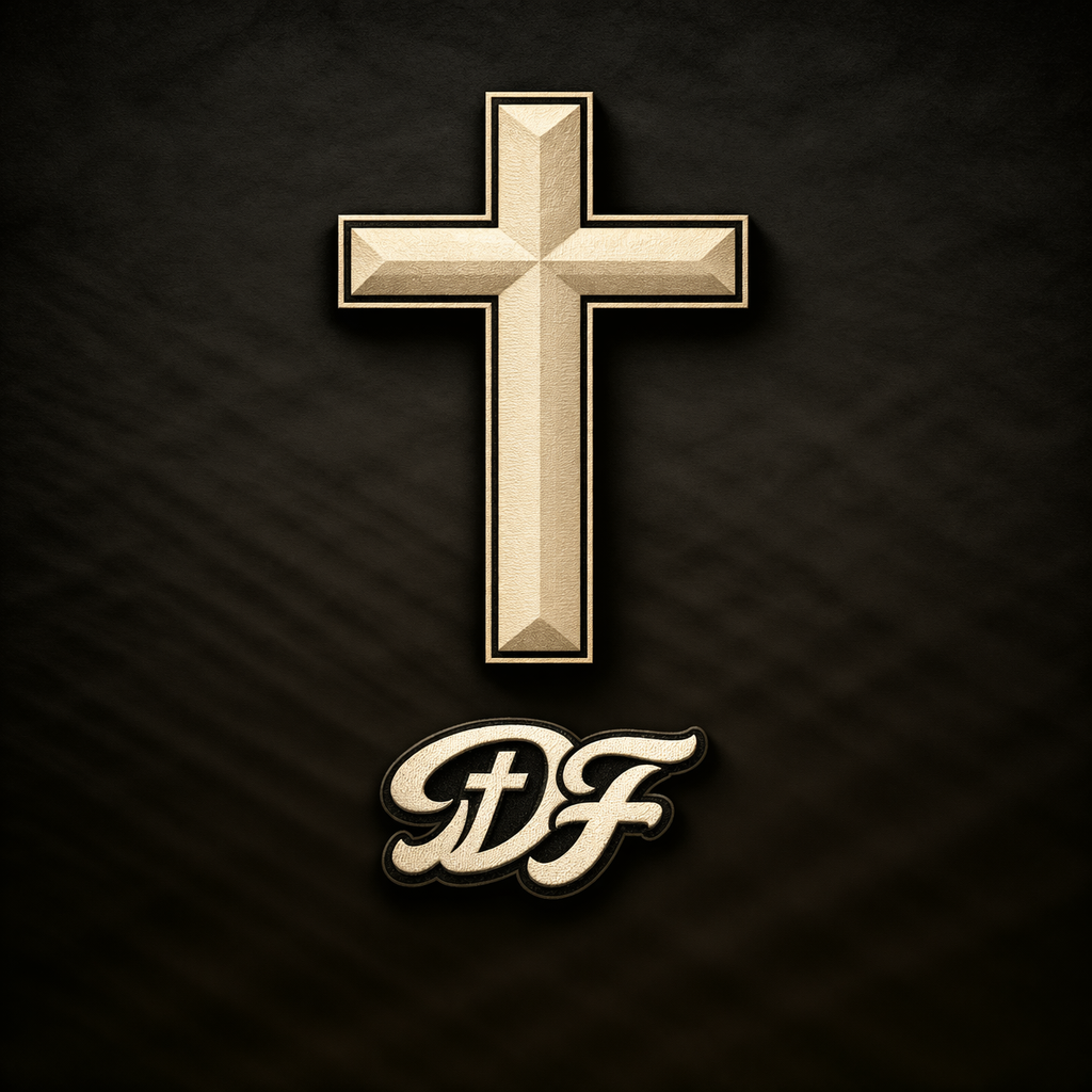 A beige religious cross and stylized initials 'AF' on a black background.