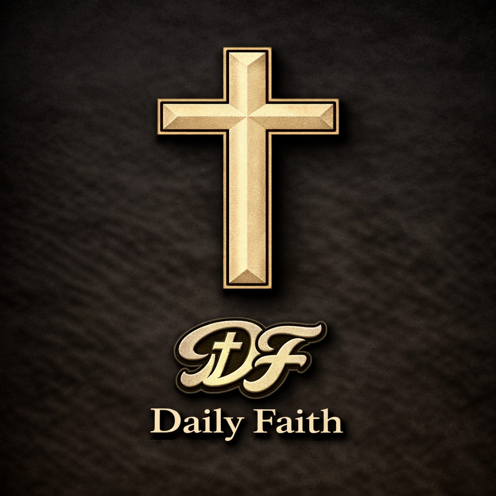 A gold cross above the letters 'DF' and the words 'Daily Faith' on a dark textured background.