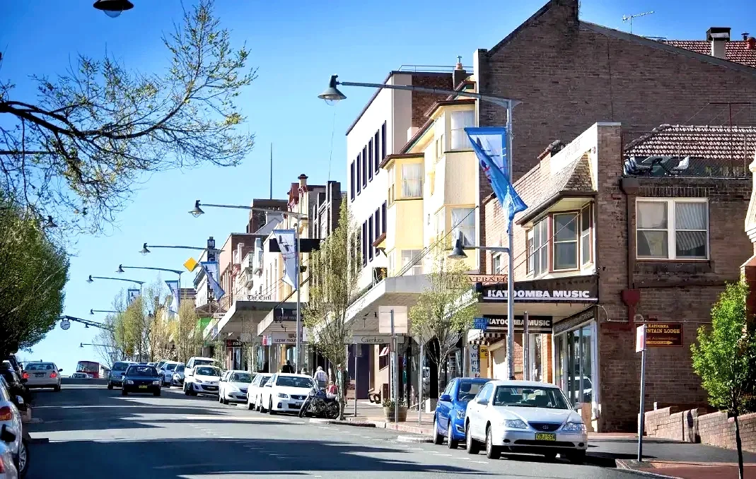 Street scene with parked cars, buildings with storefronts, and flags along the sidewalk on a sunny day.