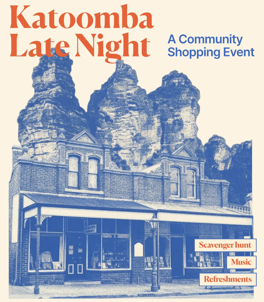 Poster for Katomba Late Night, a community shopping event featuring a scavenger hunt, music, and refreshments, with a background image of Mount Rocky and a historic storefront.