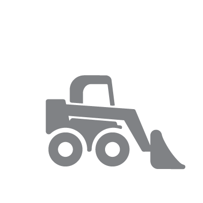 Gray silhouette of a small front-end loader with a bucket at the front.