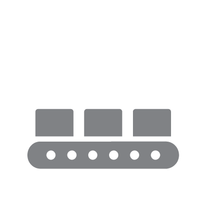 Icons of batteries, bread, and a tractor on a conveyor belt.