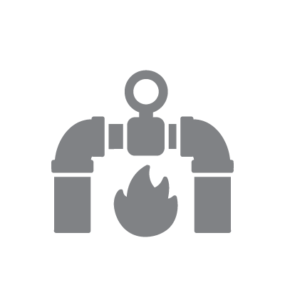 An illustration of a pipe system with a flame underneath, representing gas flow or plumbing related to fire safety.
