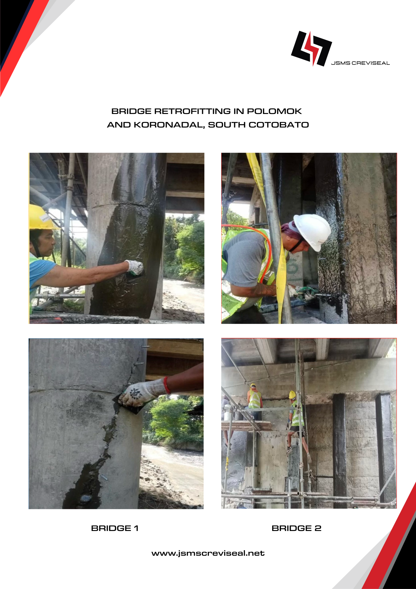 Photos showing workers applying sealant to bridge columns during retrofitting in South Cotabato, Philippines.