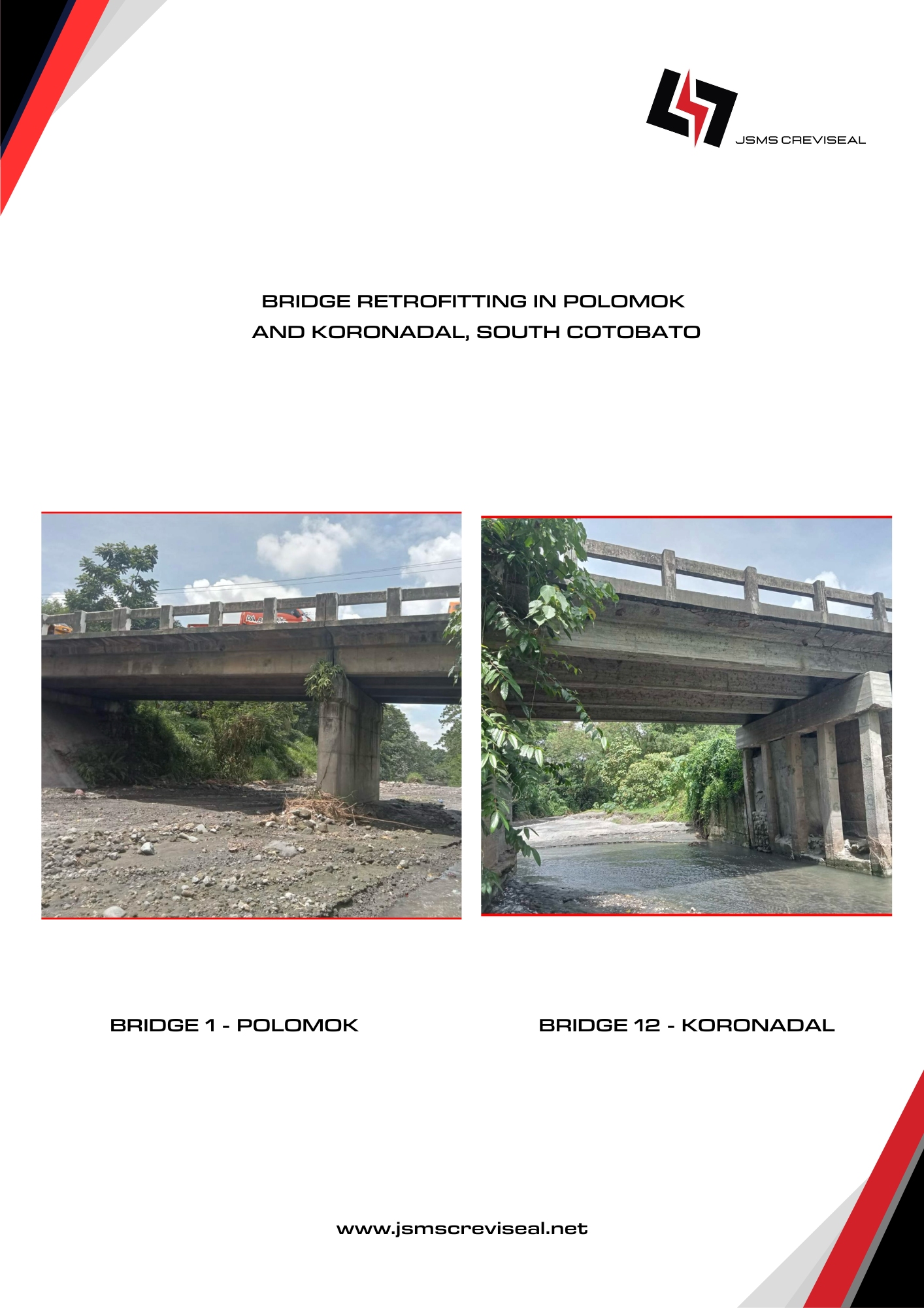 Cover page of a report titled 'Bridge Retrofitting in Polomok and Koronadal, South Cotabato' showing photos of two bridges, Polomok and Koronadal, with a logo at the top right and website www.jsmscreviseal.net at the bottom.