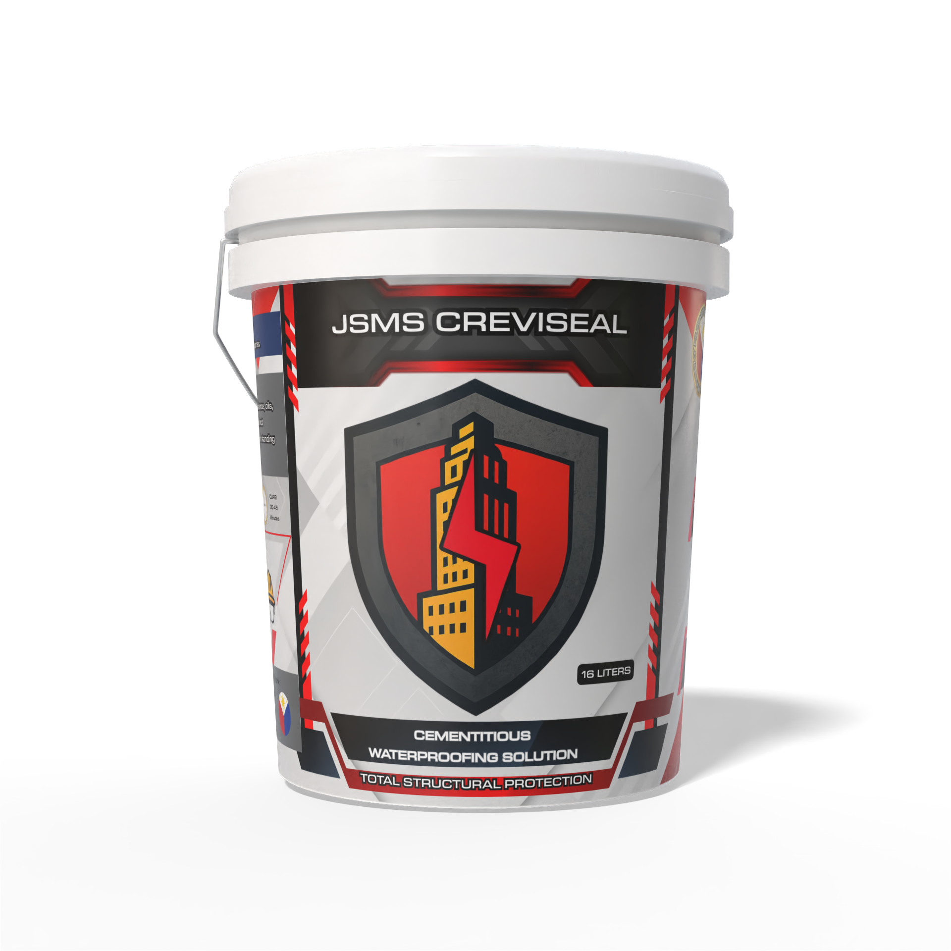 A container of JSMs Creviseal waterproofing solution with a shield logo featuring a stylized cityscape and lightning bolt.