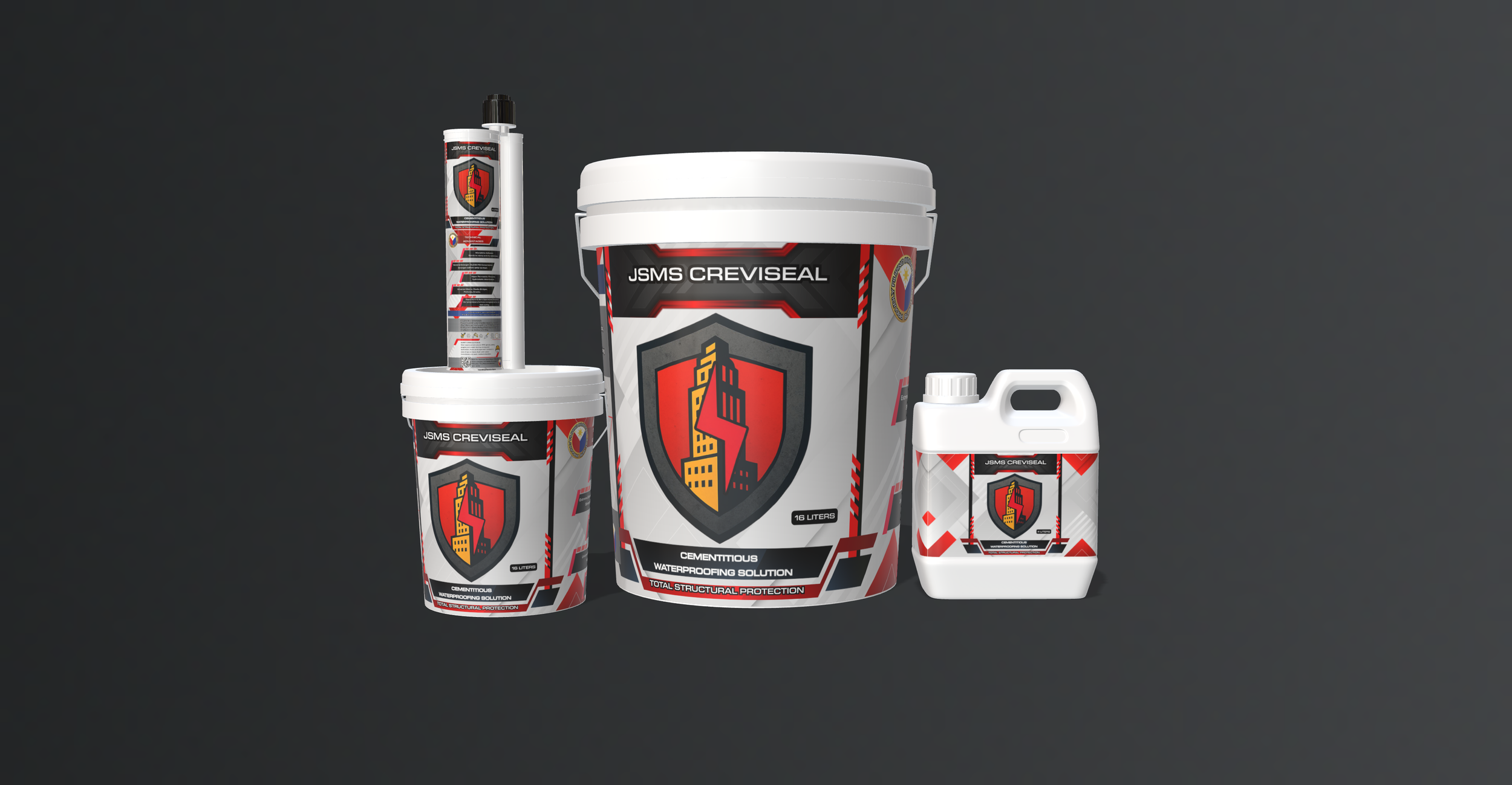 Packaging of waterproofing solution products called JSMS Creviseal in various sizes with logos and labels on dark background.