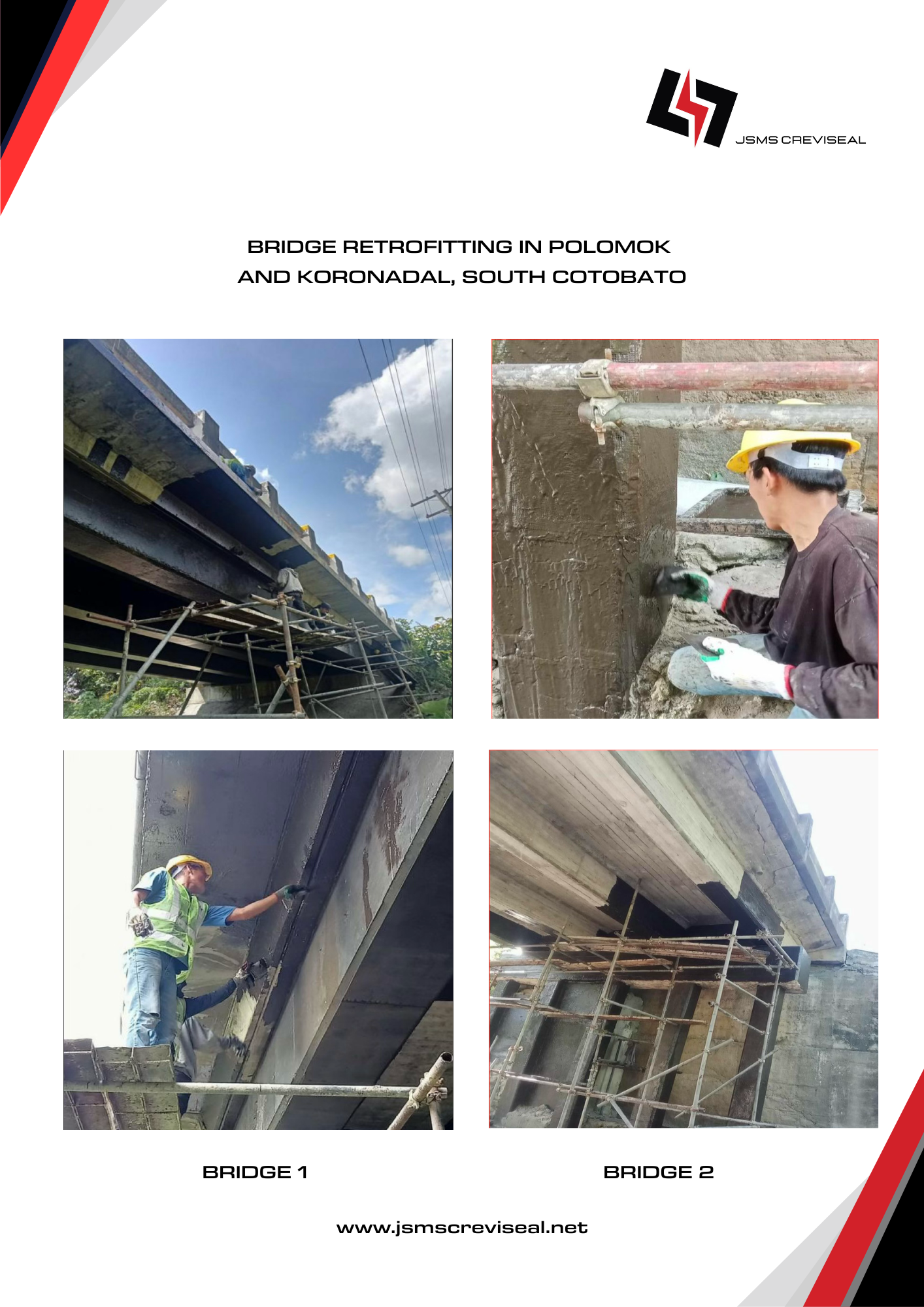Photos of workers applying concrete and reinforcing and scaffolding for bridge retrofitting in South Cotabato, Philippines.