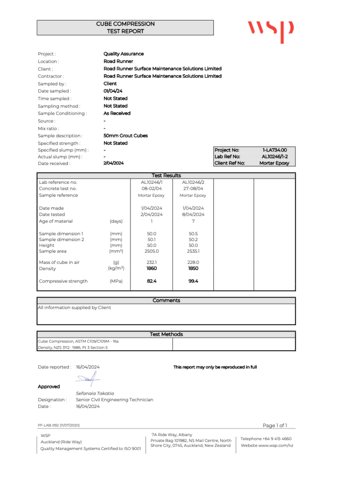 Test report for cube compression involving 50mm grout cubes, with test results including dimensions, age, mass, density, and compressive strength.