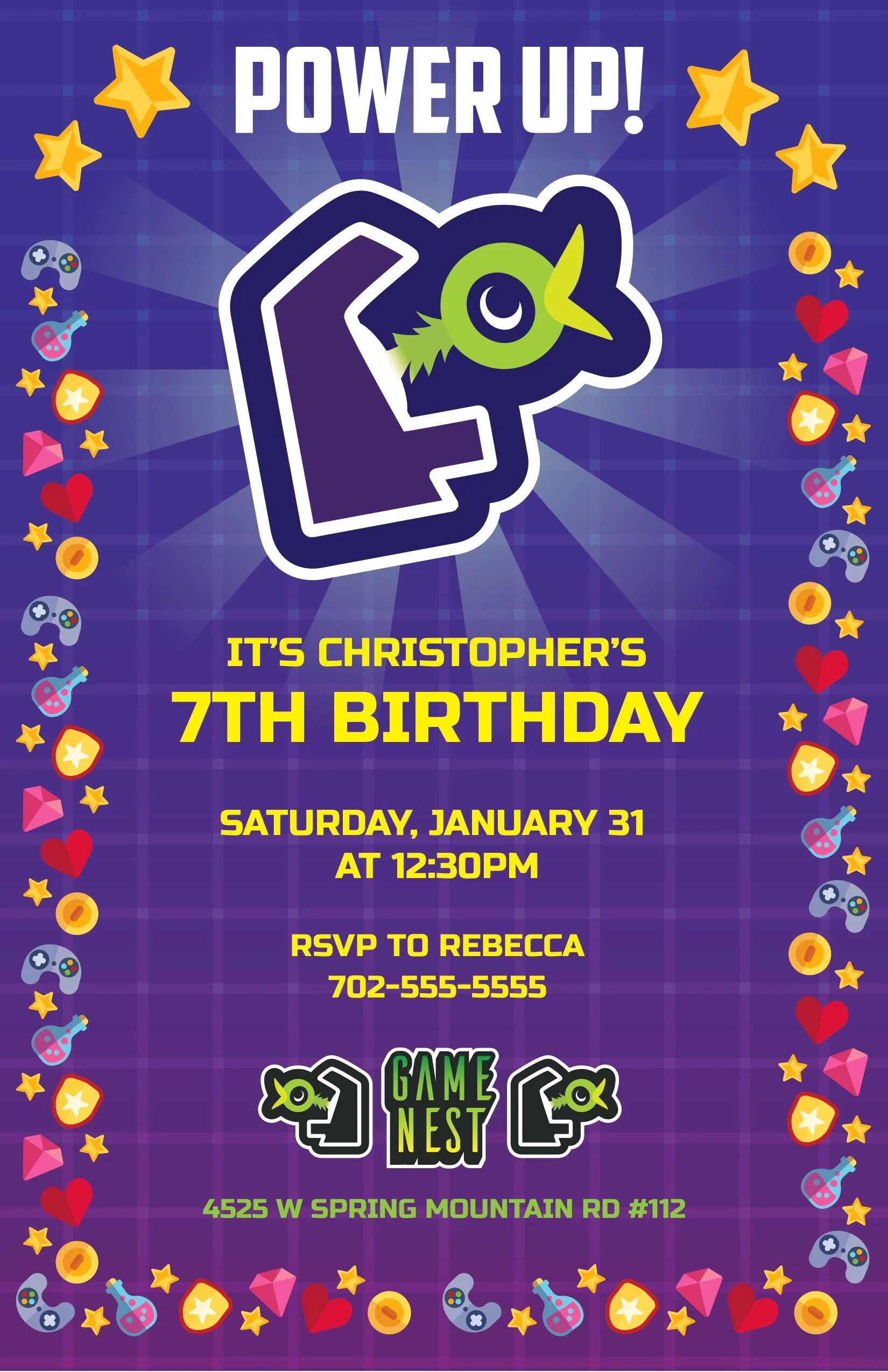 Birthday invitation for a child's 7th birthday party with a blue background, featuring a graphic of a hand holding a bird, surrounded by stars, hearts, and gaming icons. Text indicates the event details, including date, time, location, and RSVP info.
