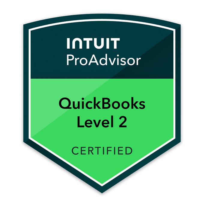 Badge indicating QuickBooks Level 2 certification for Intuit ProAdvisor.
