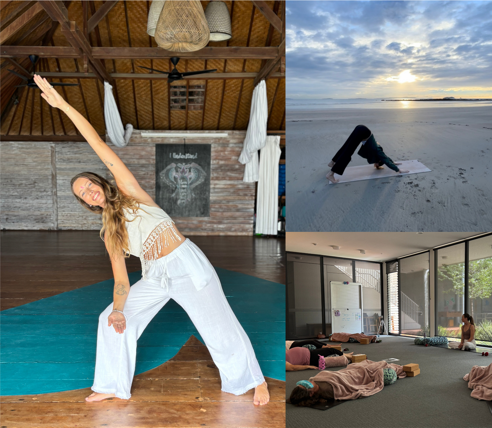 A woman practicing yoga indoors, a woman doing yoga on the beach during sunrise, and a group yoga class inside a room with large windows.