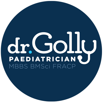 Logo for Dr. Golly, a pediatrician, with medical credentials MBBS, BMSci, FRACP.