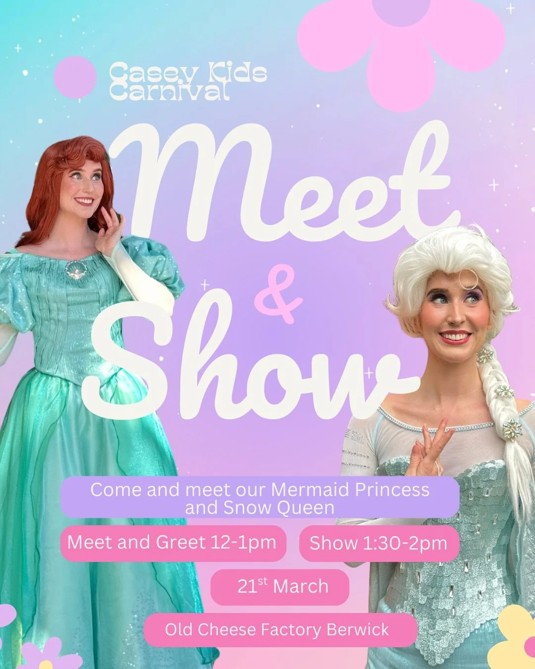 Experience the magic at Casey Kids Carnival ✨

We are so excited to be back at the Casey Kids Carnival this Saturday with our Mermaid Princess and Snow Queen for a very special show and meet and greet 🌸

Tickets for this event sold out incredibly fa