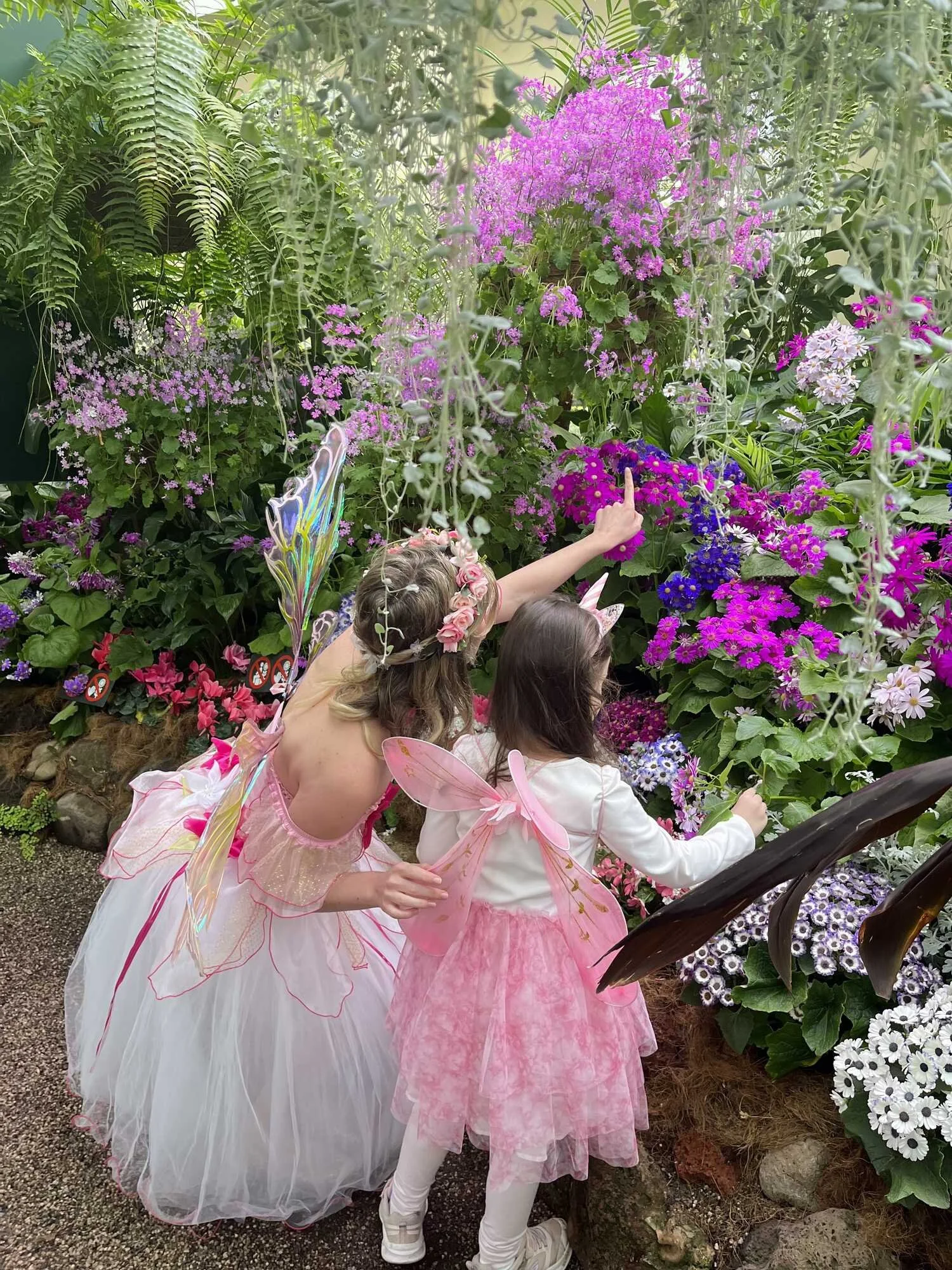 Two young girls dressed as fairies in a flower garden, one pointing at pink and purple flowers, with fairy wings and flower crowns on their heads.