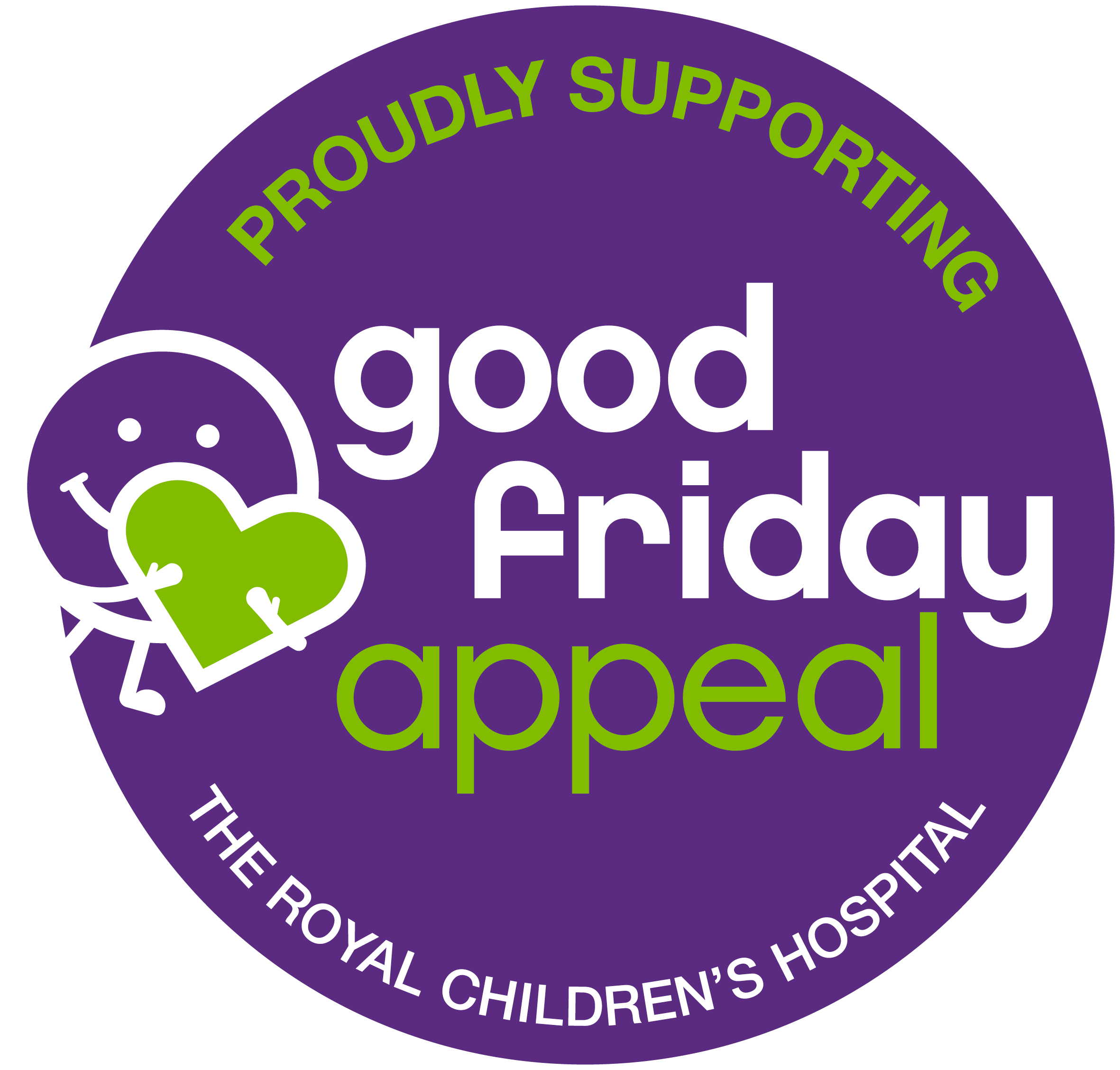 Good Friday appeal badge with purple background, white text reading 'Proudly Supporting' and 'Good Friday', green text 'Appeal', and a purple smiling face holding a green heart, with white text below reading 'The Royal Children's Hospital'.