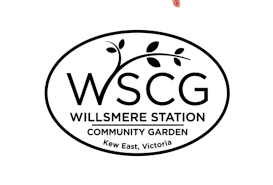 Logo for Willsmere Station Community Garden in Kew East, Victoria, featuring the initials WSCG inside an oval with a stylized branch with leaves.