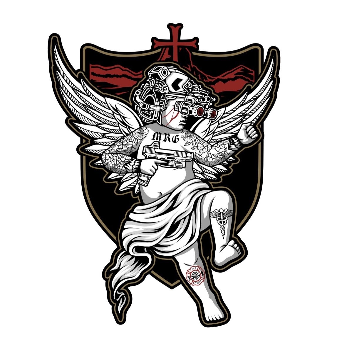 A stylized graphic of an angel with mechanical and tattooed features, holding a gun and pointing forward, with wings, a crown, and a shield in the background.