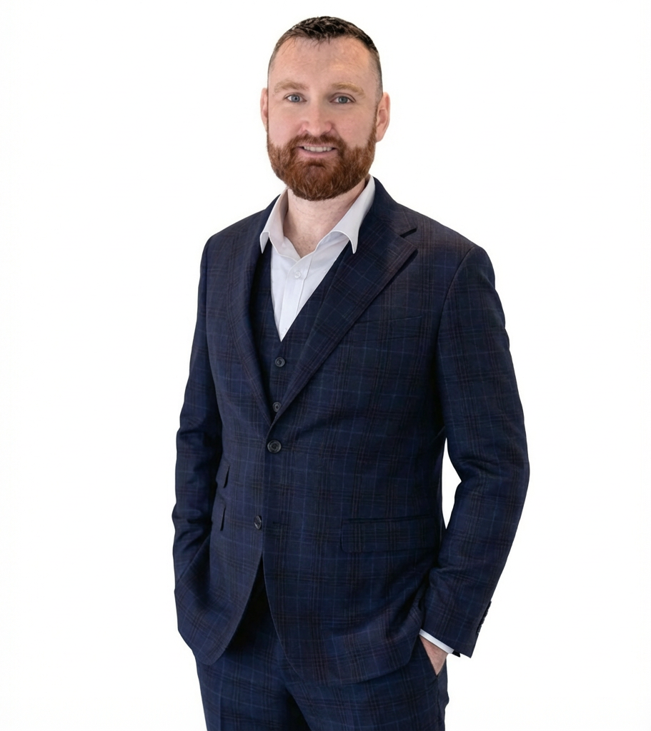 A man with a beard and short hair wearing a dark blue plaid suit and white shirt, standing against a white background.