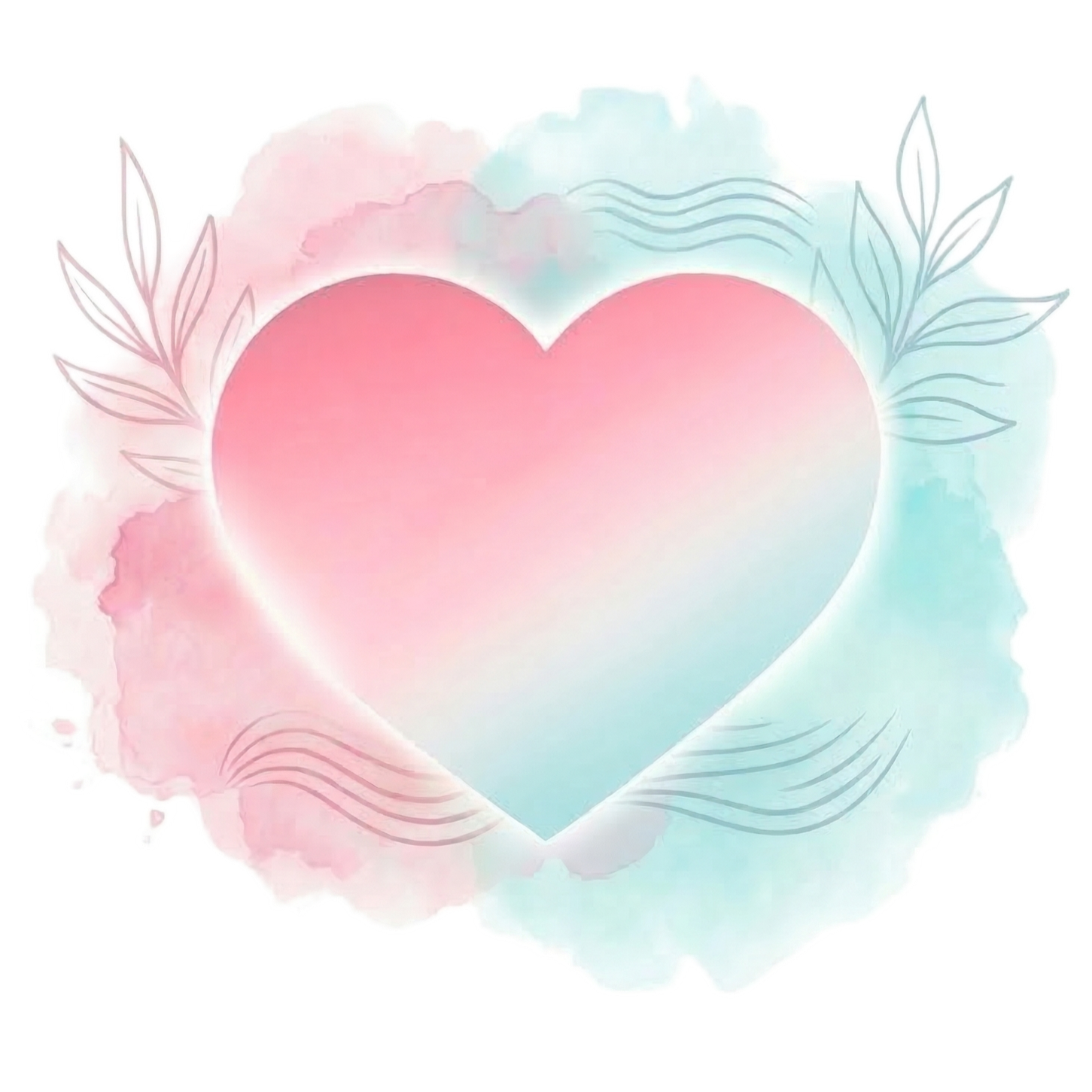 Pastel-colored watercolor heart with soft pink and blue hues, surrounded by delicate leaves and flowing lines.