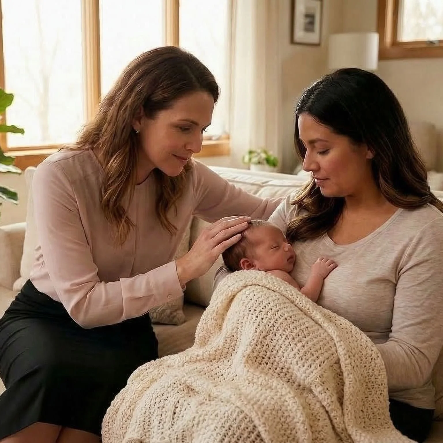Two women, one holding a newborn baby wrapped in a beige blanket, in a cozy living room with sunlight coming through windows.