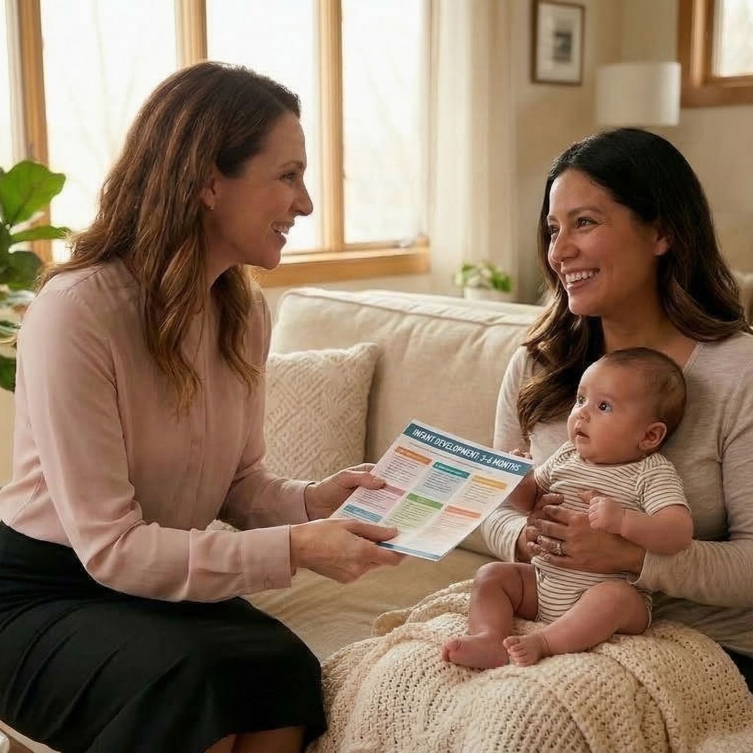 Two women and a baby sit on a beige couch in a living room, with one woman holding a brochure and smiling at the other, while the baby looks at the brochure.