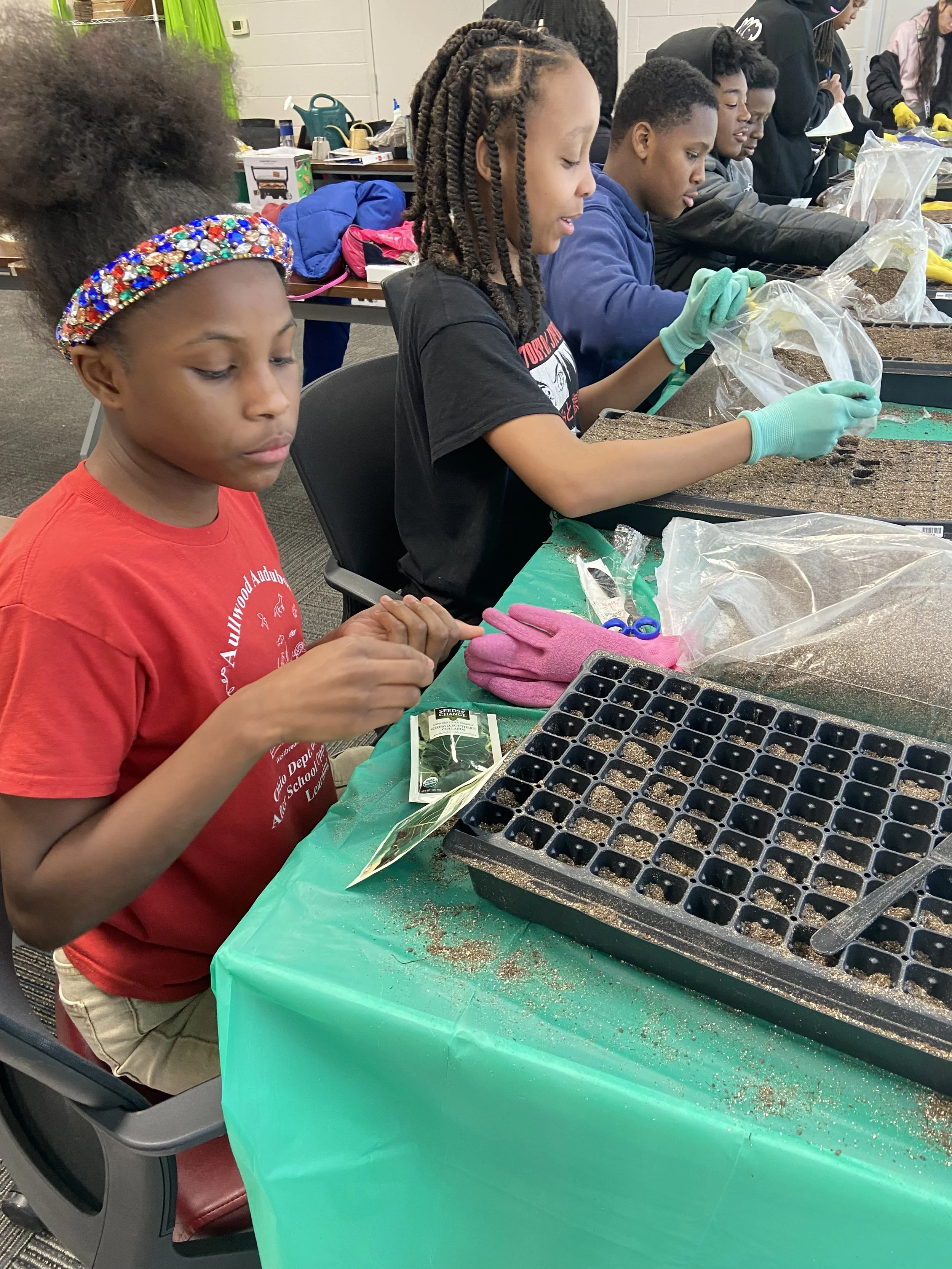 Youth participants planting seeds in trays during an indoor agriculture workshop at Efinity Harvest Farm, learning gardening, food systems, and sustainable farming practices through hands on education in Ohio