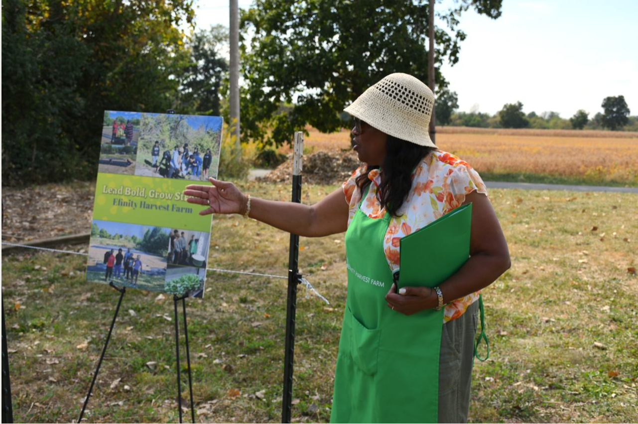 Efinity Harvest co-founder Cheryl Wheeler leading a farm tour and highlighting Urban Youth Farmer Initiative program in Trotwood, Ohio focused on education, sustainability, and local food access