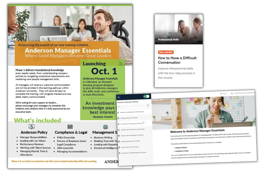 An announcement poster for Anderson Manager Essentials training program with details about the launch date, contents, and key topics, featuring images of people in a professional setting.
