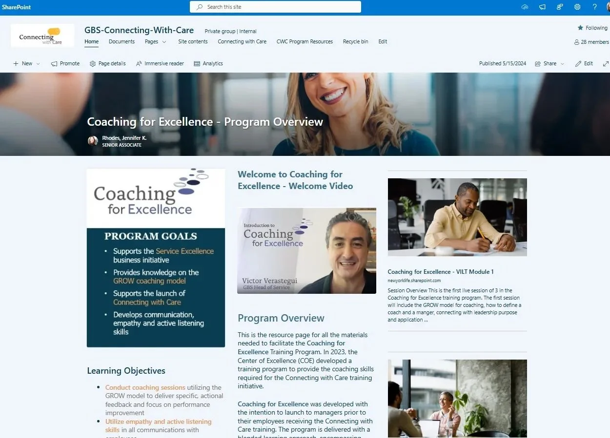 Screenshot of an online learning platform page titled 'Coaching for Excellence - Program Overview,' featuring images of trainers, learners, and program details, with a Blue and white color scheme.