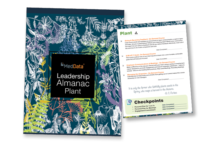 Cover of MedData Leadership Almanac Plant booklet with a colorful botanical design and an interior page showing plant-related training modules and checkpoints.