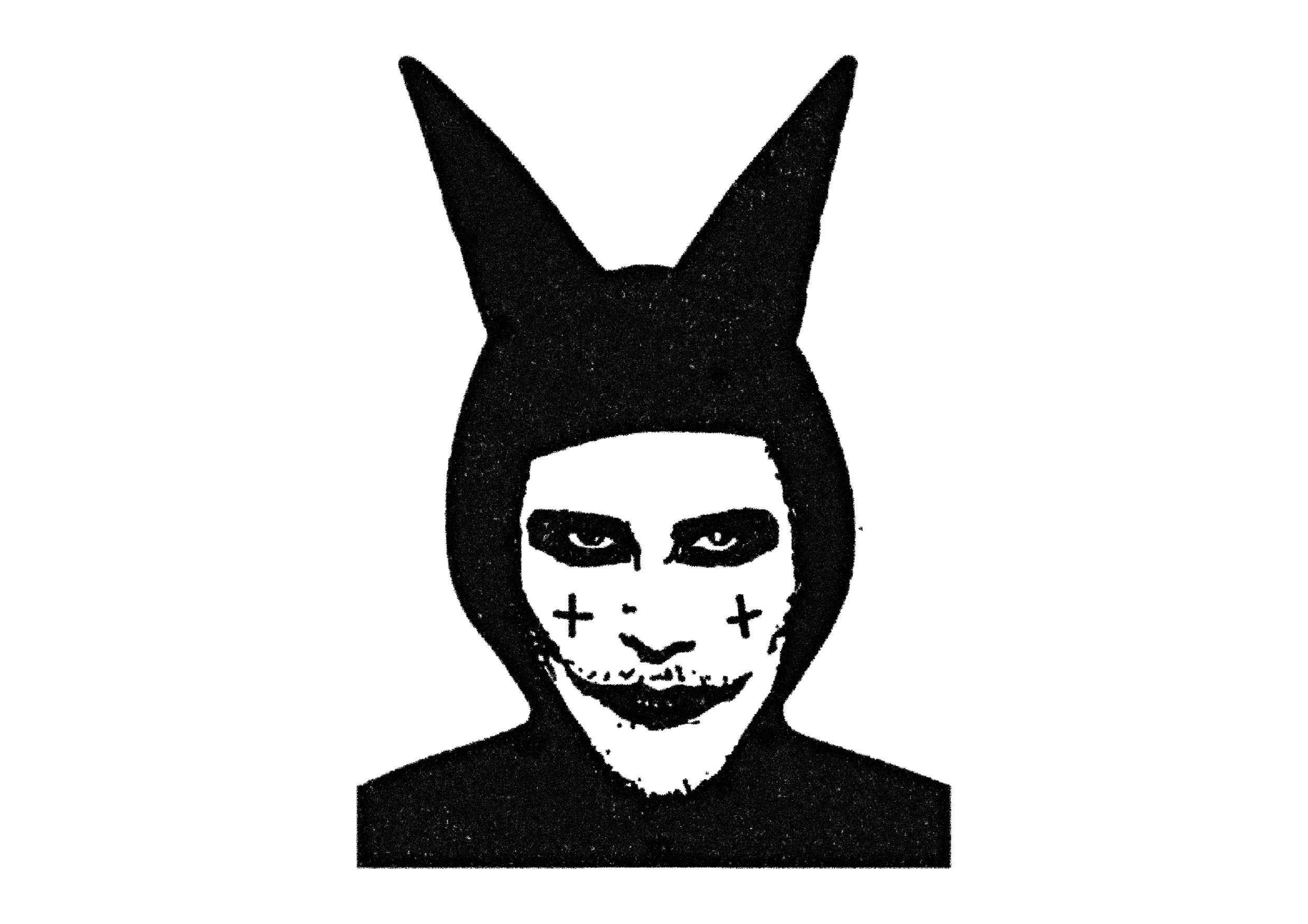 A person wearing a black mask with skeleton facial features, black horns, and a black shirt, against a black background.