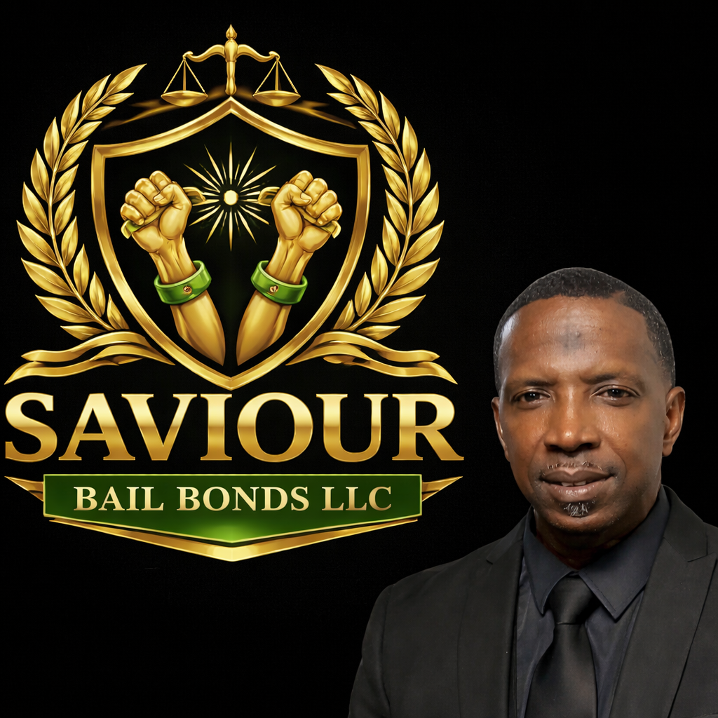 A logo featuring golden fists with green wristbands inside a shield, surrounded by golden laurel branches, with the text 'Saviour Bail Bonds LLC' below. The background is black, and the logo is on the left side of the image. A man in a black suit is on the right side, facing forward.