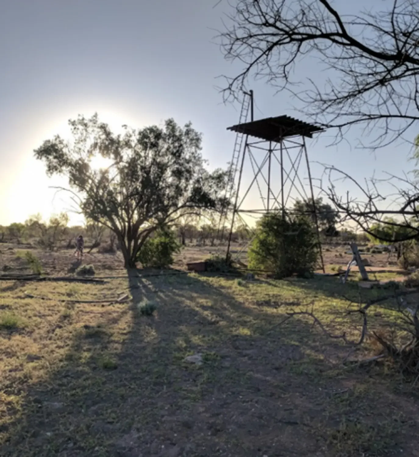 tower with flat corrugated top in a field next to a tree.