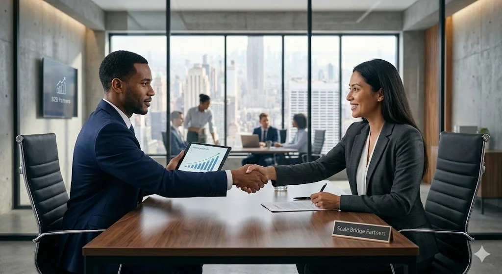 Two business professionals shaking hands across a table in a conference room, with a city skyline view in the background. One person holds a tablet displaying a rising graph, and they are dressed in business suits.