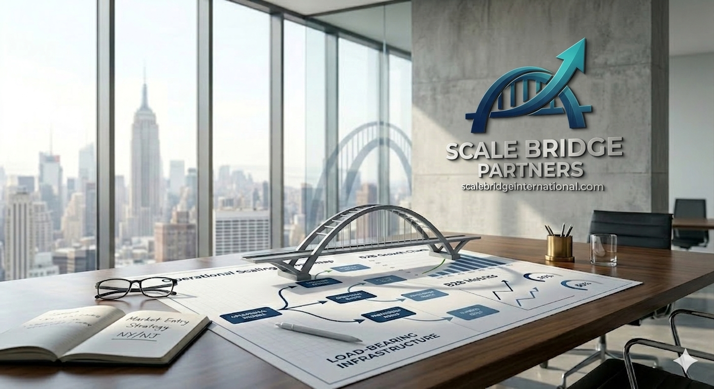 A modern business office with a large window view of the Manhattan skyline, featuring a corporate logo for Scale Bridge Partners on a concrete wall, and a wooden table with schematics, a model bridge, glasses, pen, and a notebook labeled 'Market Entry Strategy' and 'Loan'.