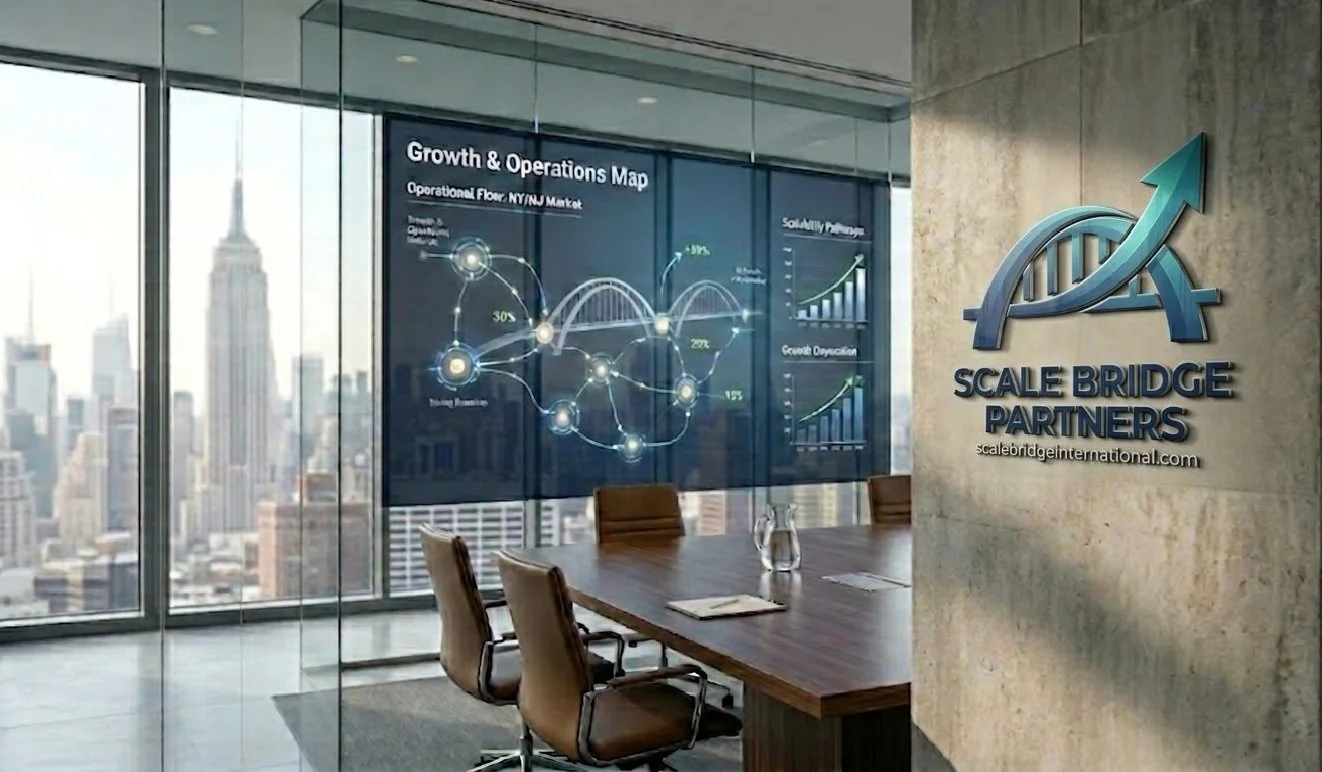 Business conference room with a city skyline view, a wooden table, chairs, and a wall with a logo for Scale Bridge Partners and a website link.