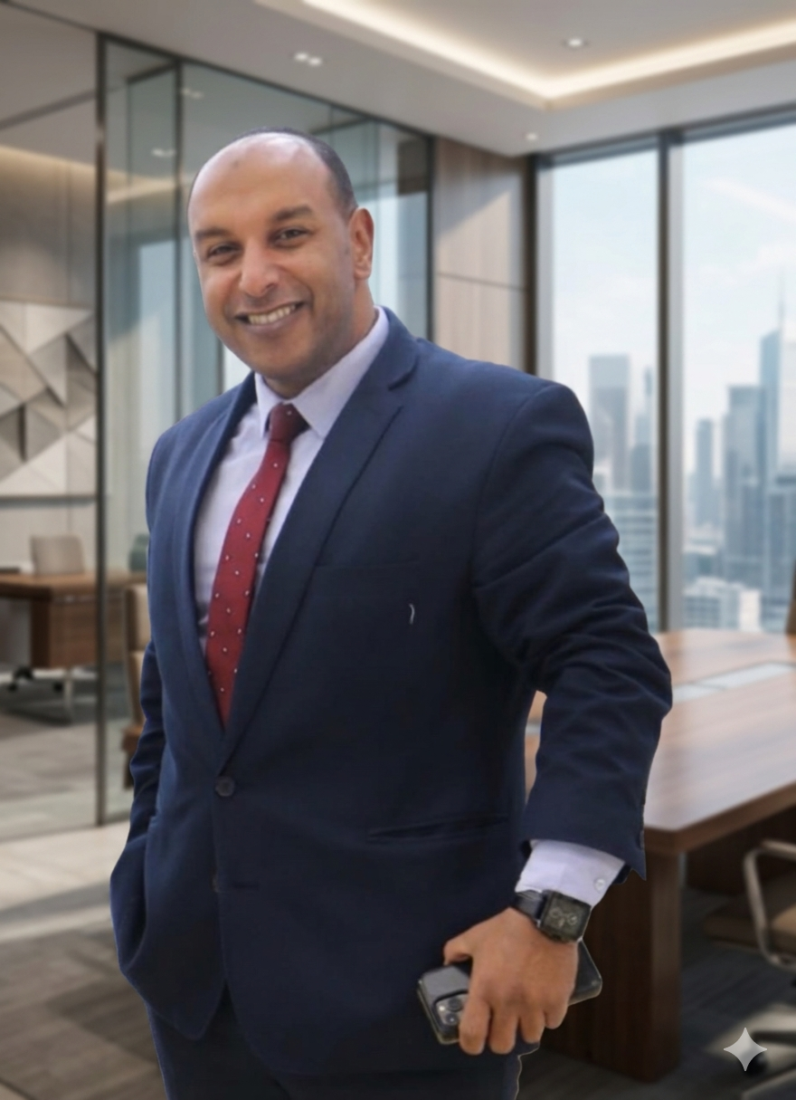 A smiling man in a navy blue suit, white shirt, and red dotted tie, standing in a modern office with large windows and a city skyline in the background, holding a smartphone in his right hand.