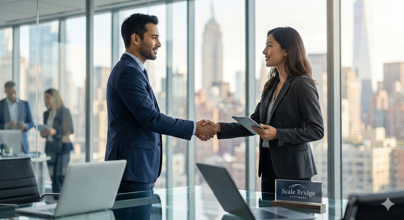 A man and woman in business attire shake hands in a modern office with large windows and a city view.
