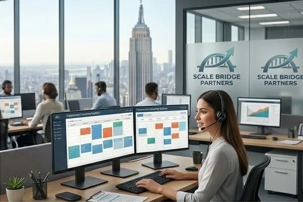 Office setting with employees working on computers, large windows overlooking New York City skyline, logo for Scale Bridge Partners in background.