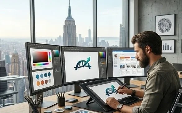 A man working on digital design at a desk with three monitors, in a high-rise office with a view of New York City skyline, including the Empire State Building.