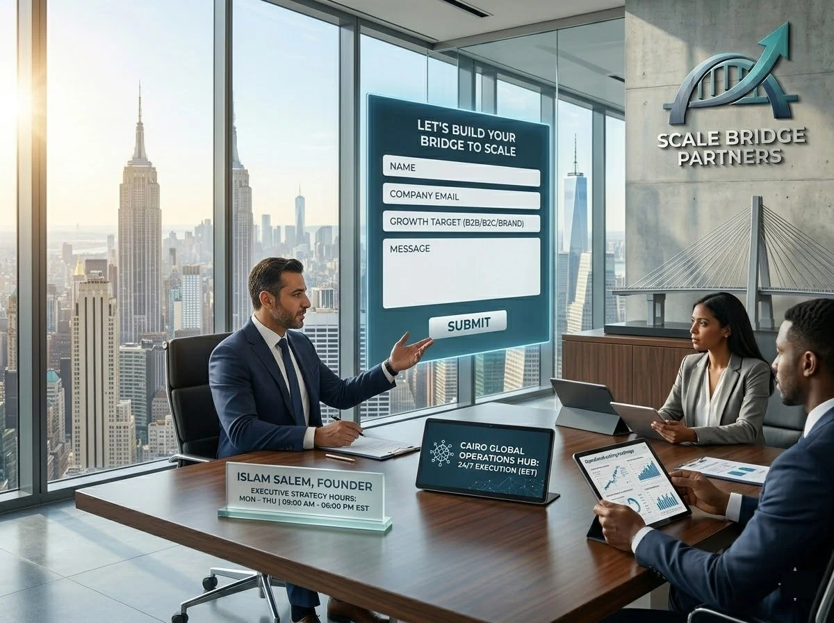 Business meeting in a high-rise office with city view. Three professionals are seated around a table; one man is presenting. Large window displays New York City skyline, including the Empire State Building and One World Trade Center. A digital form placeholder is projected on the window, with fields for name, email, growth target, message, and a submit button. The office has a logo for 'Scale Bridge Partners' on the wall.
