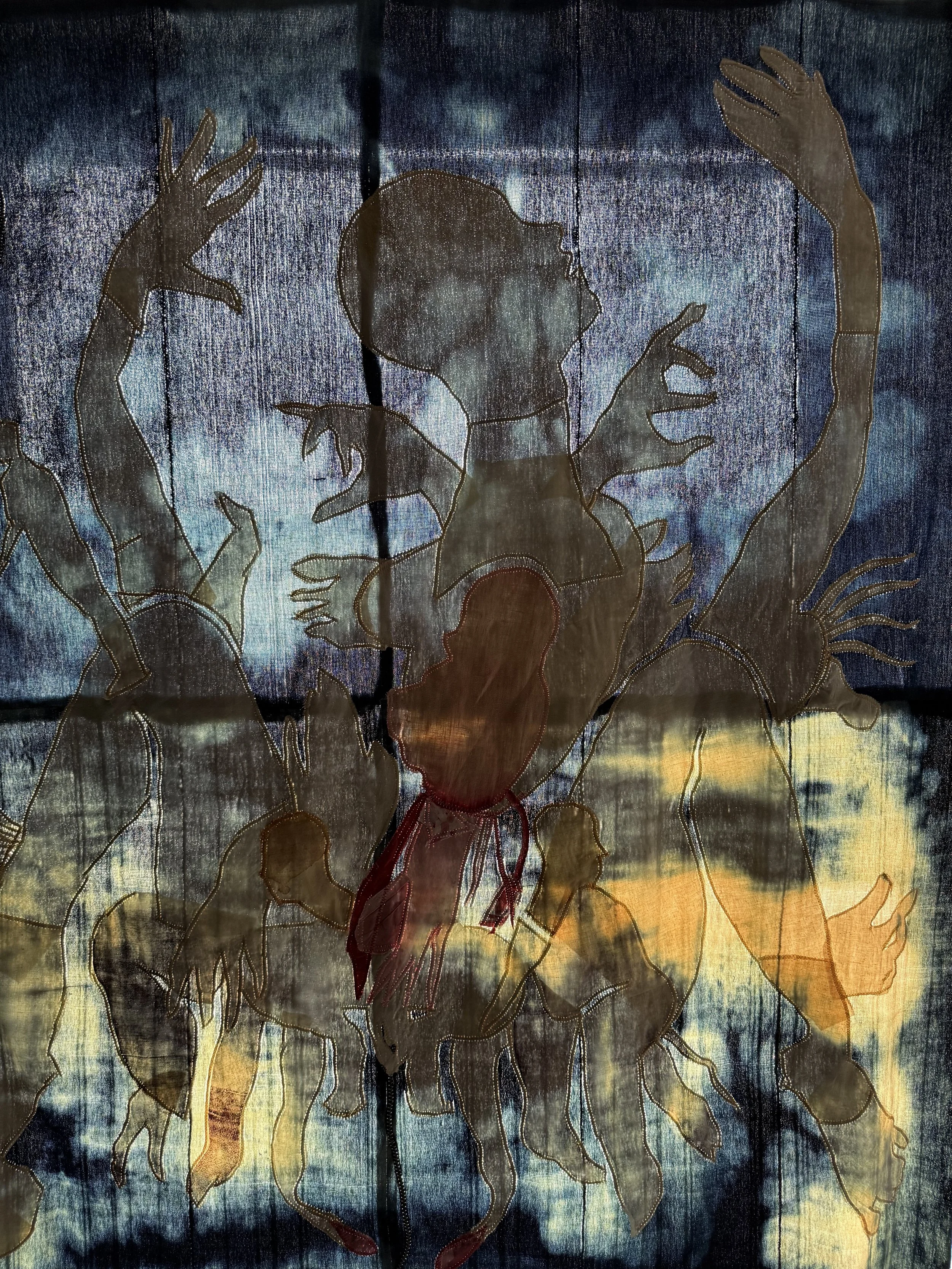"Blue Mama" (2026) (Detail, Evening Light) 57" x 50" Muslin, cotton, coffee, cochineal dye, fabric relief print on bleached indigo shawls 