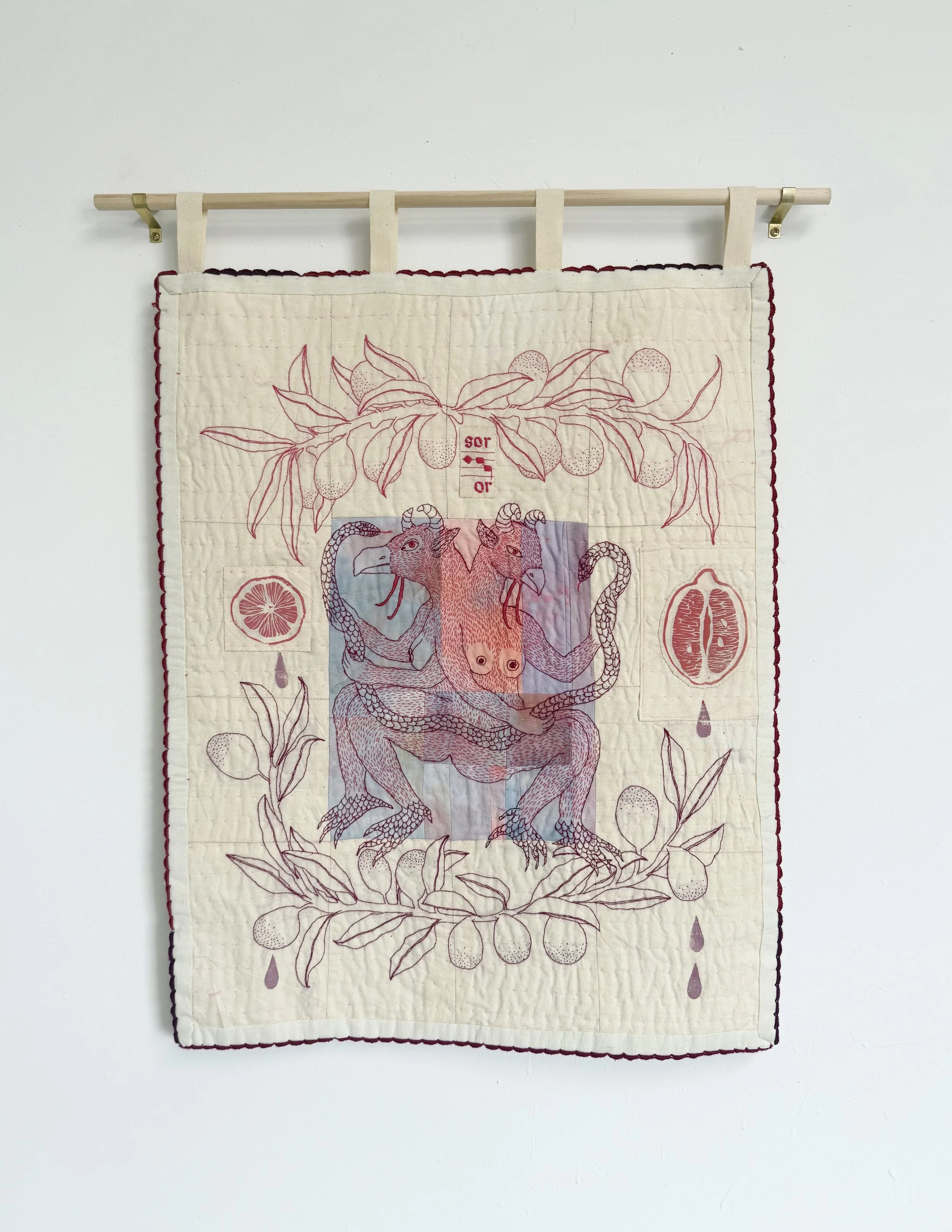 "Sorore et Limone Rossi" (2025) 24" x 18" watercolored cotton on muslin with linocut prints, embroidered and quilted by hand $2100