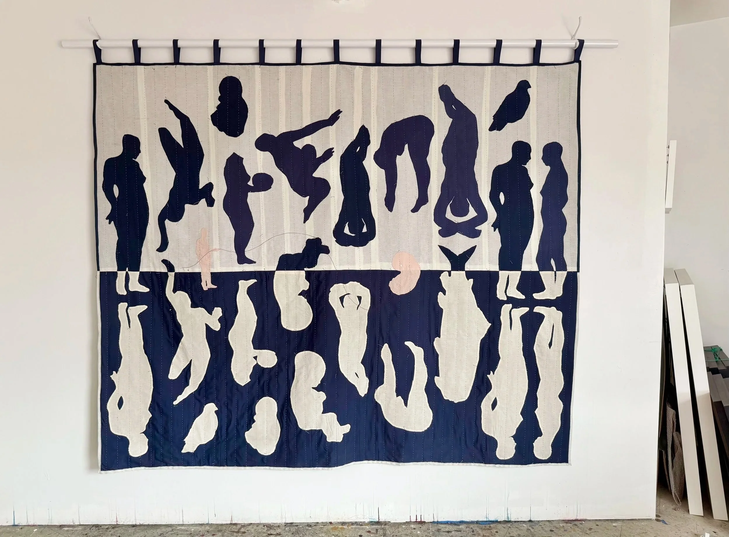 "Mothership" (2025) 86.5" x 72.5" muslin, linen and cotton polyester hand appliquéd with hand and machine embroidery. Quilted by hand. $12,000