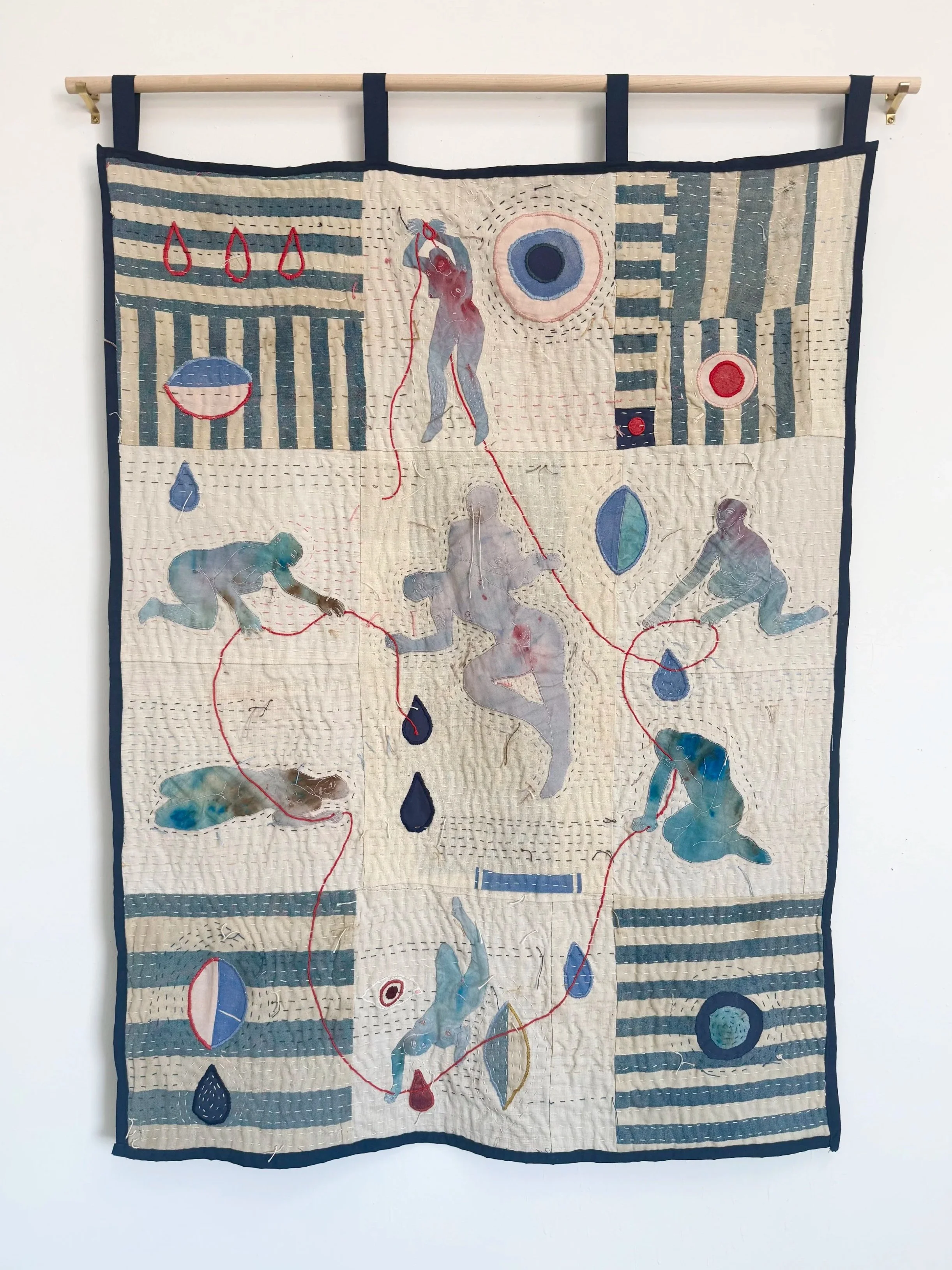 "Psalm 137" (2023) hand painted cotton hand appliquéd on found fabric with hand embroidery, quilted by hand. $8,000