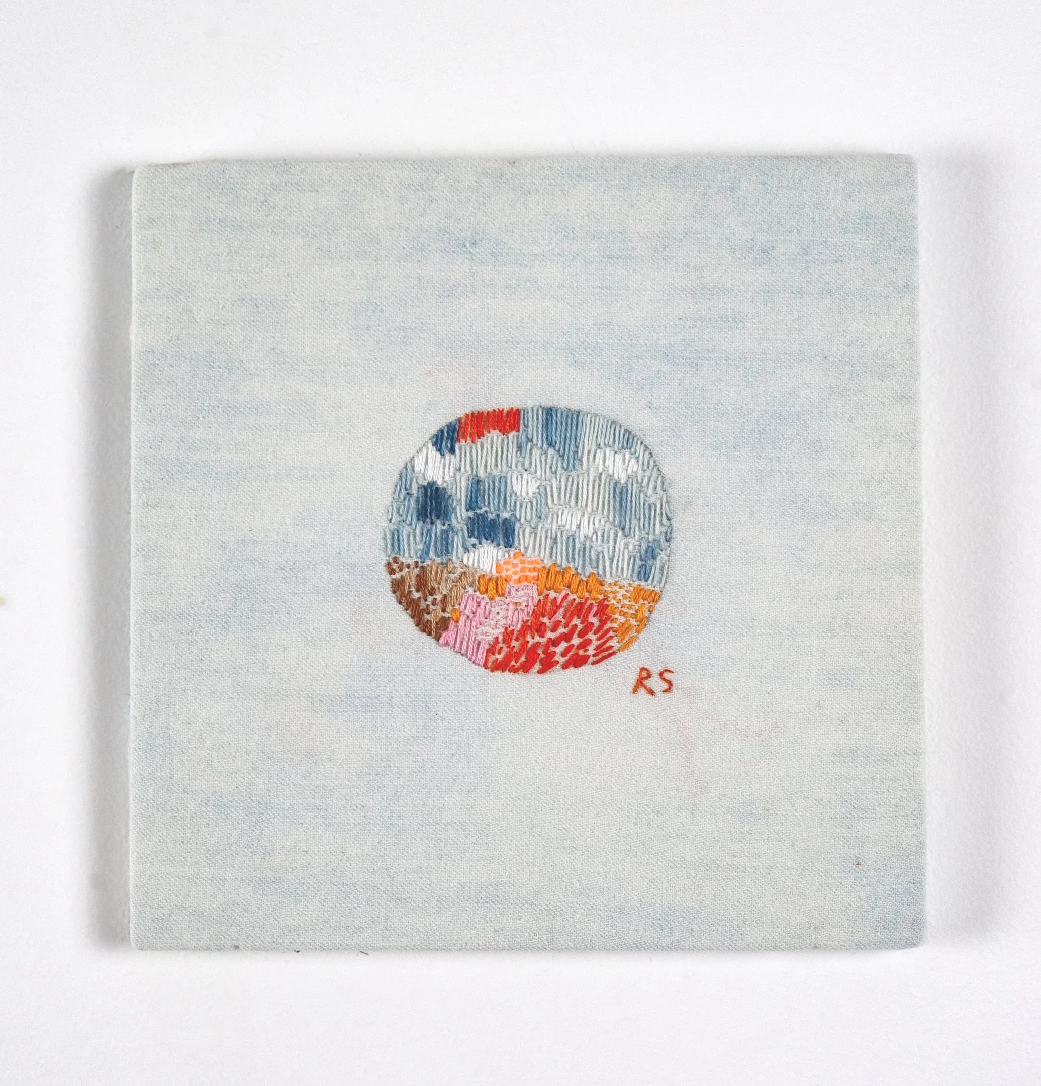 "Windy Day" (2024) 7.5" x 7.5" hand embroidery on bleached denim. $350