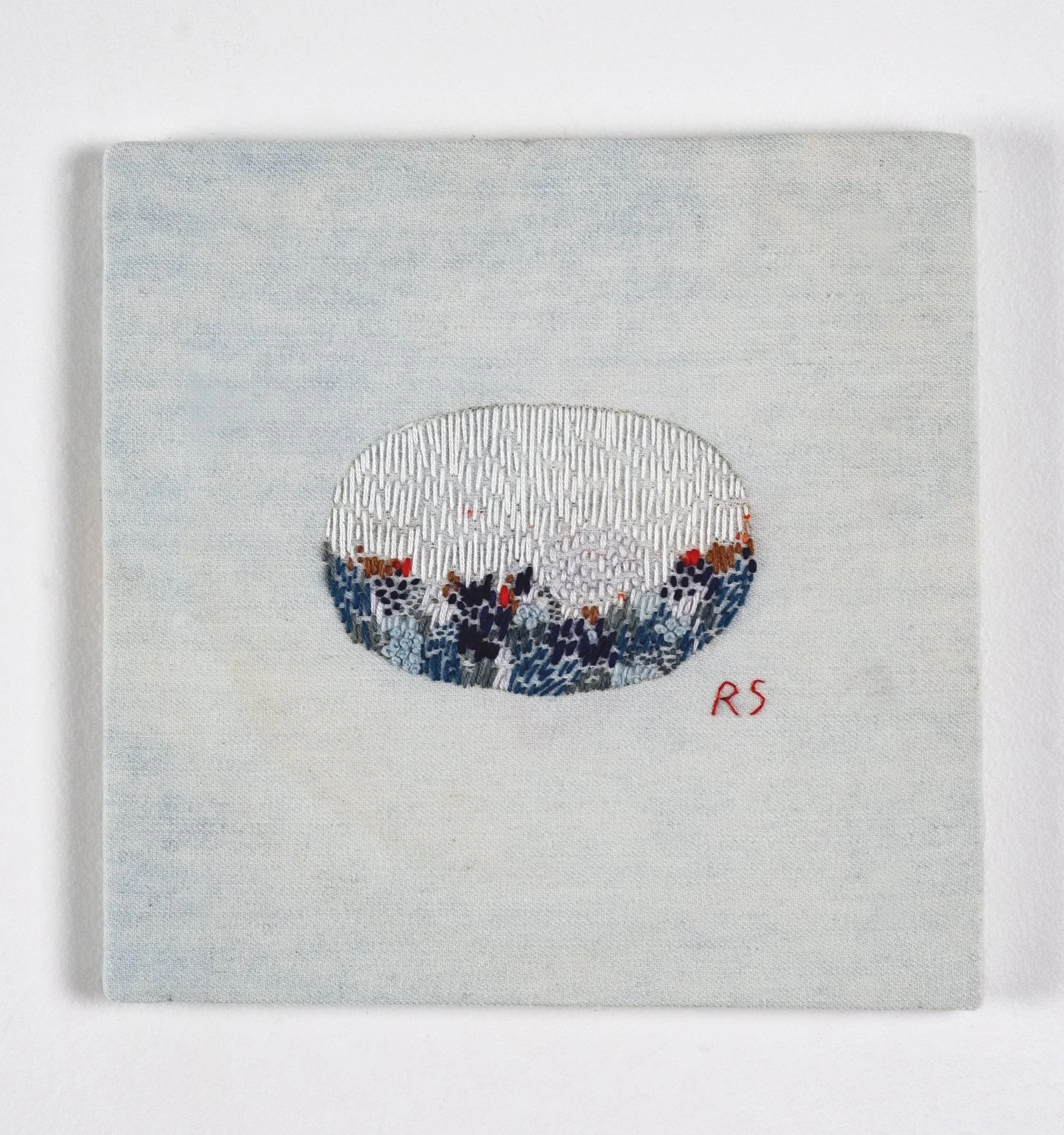 "Snow Globe" (2024) 7.5" x 7.5" hand embroidery on bleached denim. $350